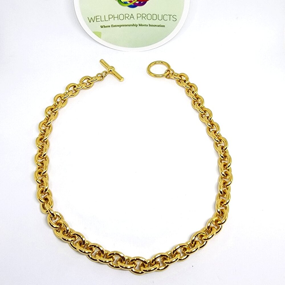 Mid Century Modern Heavy Gold Plate Cable Chain Toggle Clasp 13.5" Necklace